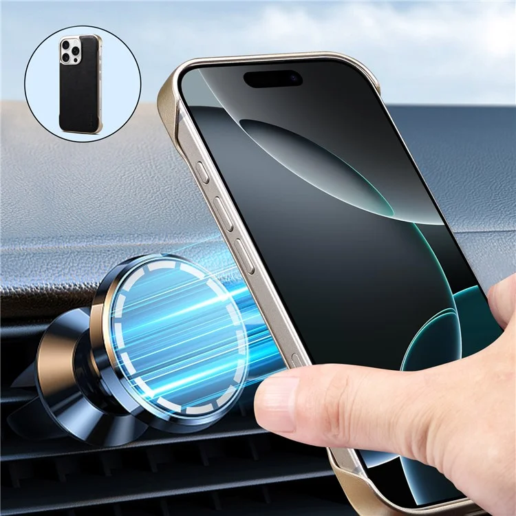 Funda para iPhone 16 Pro compatible con MagSafe, de cuero vacuno genuino + cubierta de teléfono de PC - Negro