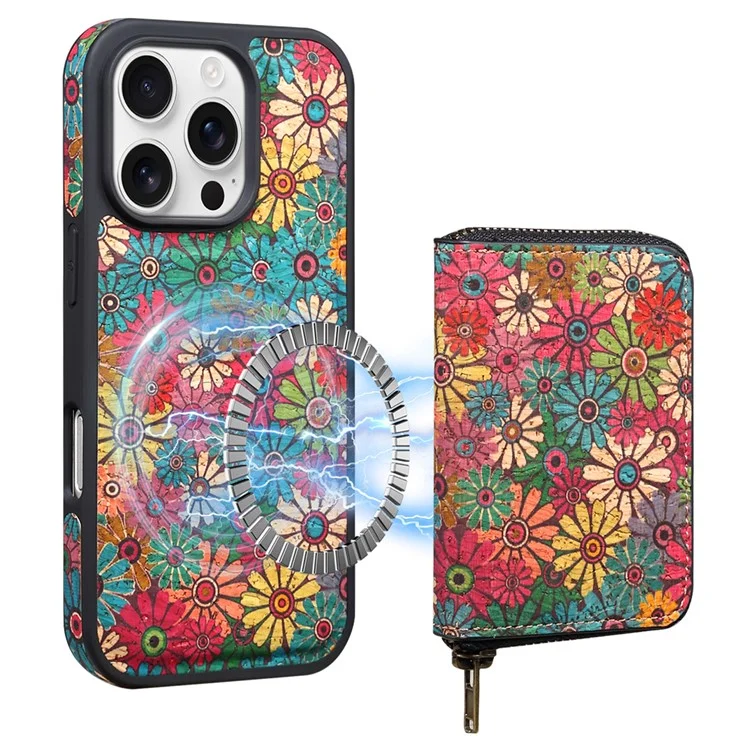 Funda magnética para iPhone 16 Pro con bolsa de cremallera desmontable y tapa trasera de cuero con flores - Verde