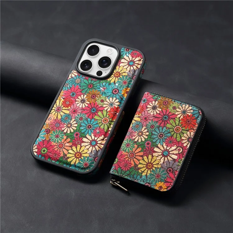 Funda magnética para iPhone 16 Pro con bolsa de cremallera desmontable y tapa trasera de cuero con flores - Verde