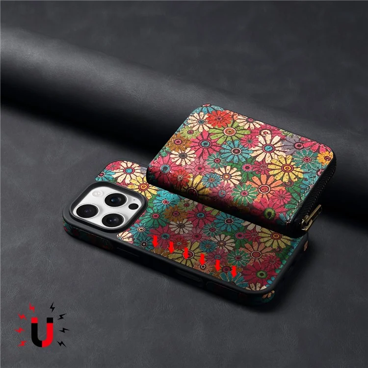 Funda magnética para iPhone 16 Pro con bolsa de cremallera desmontable y tapa trasera de cuero con flores - Verde