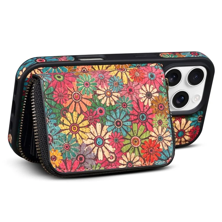 Funda magnética para iPhone 16 Pro con bolsa de cremallera desmontable y tapa trasera de cuero con flores - Verde