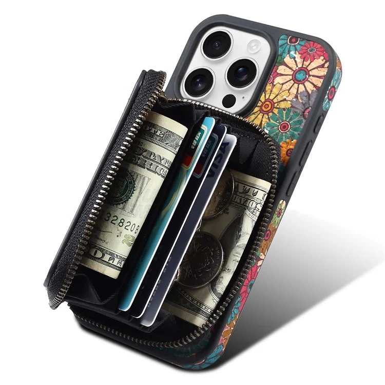 Funda magnética para iPhone 16 Pro con bolsa de cremallera desmontable y tapa trasera de cuero con flores - Verde
