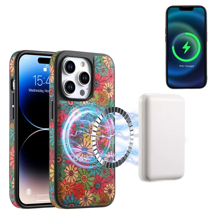 Funda magnética para iPhone 16 Pro con bolsa de cremallera desmontable y tapa trasera de cuero con flores - Verde
