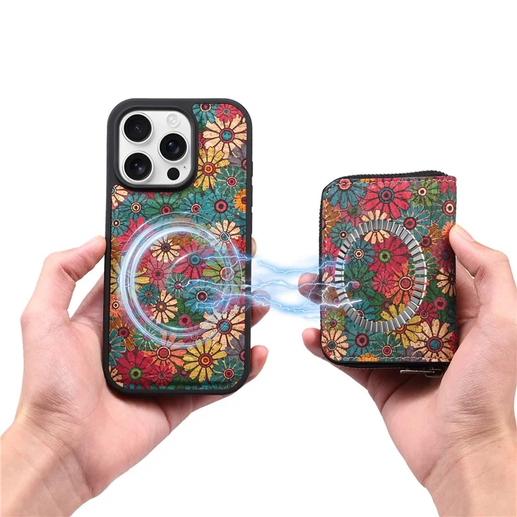 Funda magnética para iPhone 16 Pro con bolsa de cremallera desmontable y tapa trasera de cuero con flores - Verde