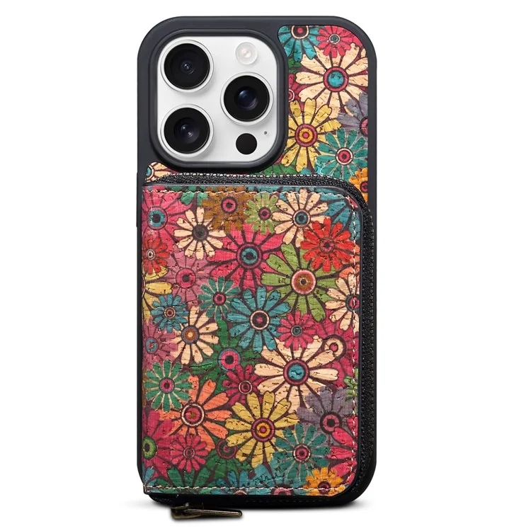 Funda magnética para iPhone 16 Pro con bolsa de cremallera desmontable y tapa trasera de cuero con flores - Verde