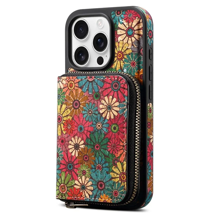 Funda magnética para iPhone 16 Pro con bolsa de cremallera desmontable y tapa trasera de cuero con flores - Verde