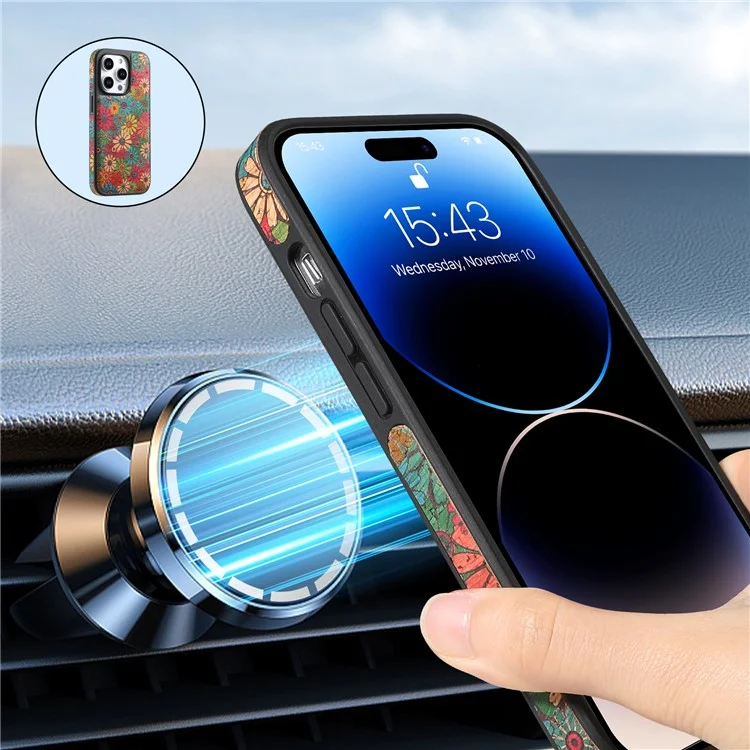 Funda magnética para iPhone 16 Pro con bolsa de cremallera desmontable y tapa trasera de cuero con flores - Verde