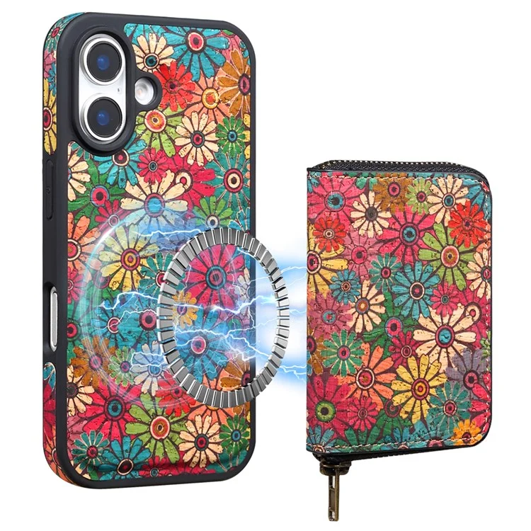 Funda magnética para iPhone 16 Plus con bolsillo con cremallera desmontable y tapa trasera de cuero con flores - Verde