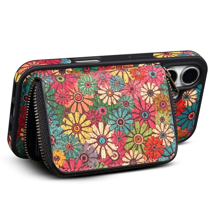 Funda magnética para iPhone 16 Plus con bolsillo con cremallera desmontable y tapa trasera de cuero con flores - Verde