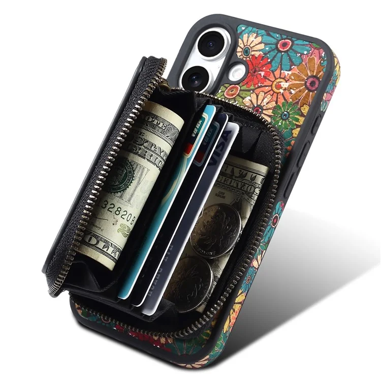Funda magnética para iPhone 16 Plus con bolsillo con cremallera desmontable y tapa trasera de cuero con flores - Verde