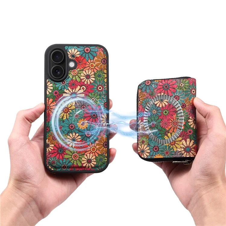 Funda magnética para iPhone 16 Plus con bolsillo con cremallera desmontable y tapa trasera de cuero con flores - Verde