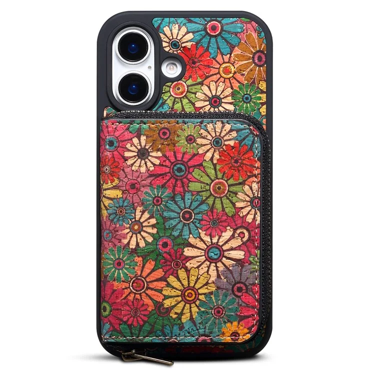 Funda magnética para iPhone 16 Plus con bolsillo con cremallera desmontable y tapa trasera de cuero con flores - Verde