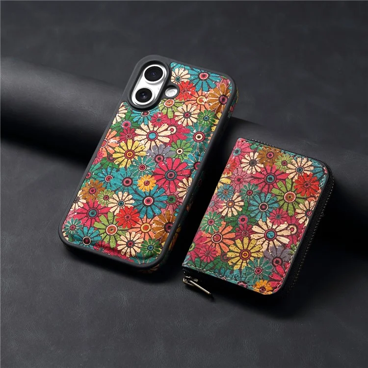 Funda magnética para iPhone 16 Plus con bolsillo con cremallera desmontable y tapa trasera de cuero con flores - Verde
