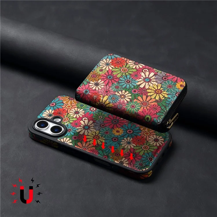 Funda magnética para iPhone 16 Plus con bolsillo con cremallera desmontable y tapa trasera de cuero con flores - Verde