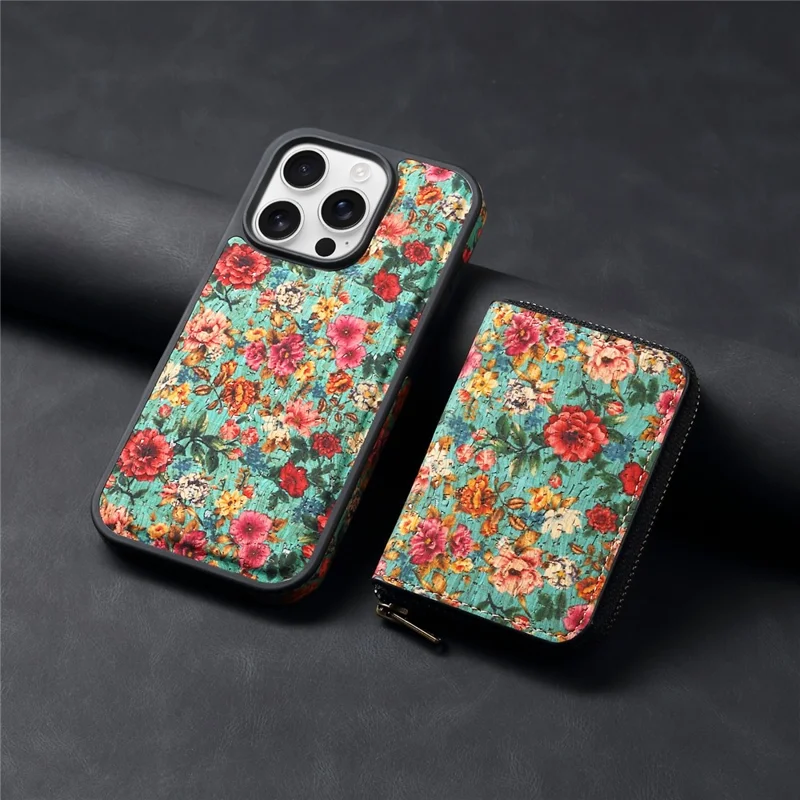 For iPhone 16 Pro Max Magnetic Case with Detachable Zipper Card Bag Flower Leather Back Cover - Blue