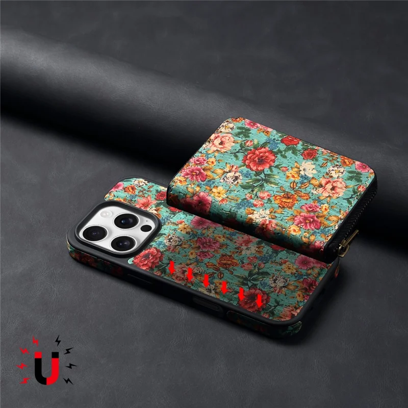 For iPhone 16 Pro Max Magnetic Case with Detachable Zipper Card Bag Flower Leather Back Cover - Blue