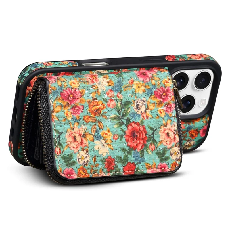 For iPhone 16 Pro Max Magnetic Case with Detachable Zipper Card Bag Flower Leather Back Cover - Blue