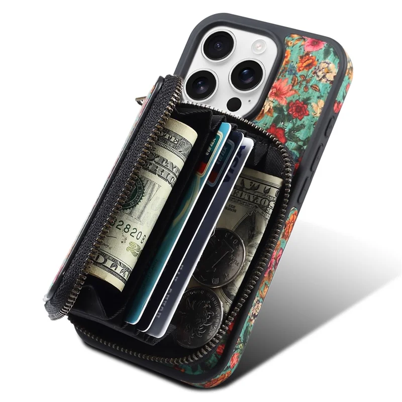 For iPhone 16 Pro Max Magnetic Case with Detachable Zipper Card Bag Flower Leather Back Cover - Blue