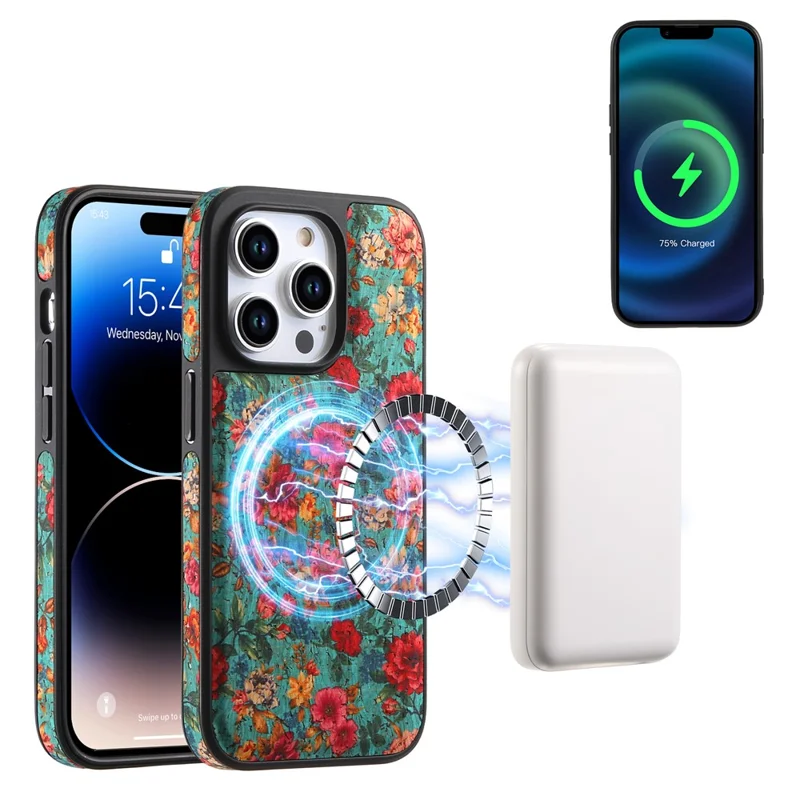 For iPhone 16 Pro Max Magnetic Case with Detachable Zipper Card Bag Flower Leather Back Cover - Blue