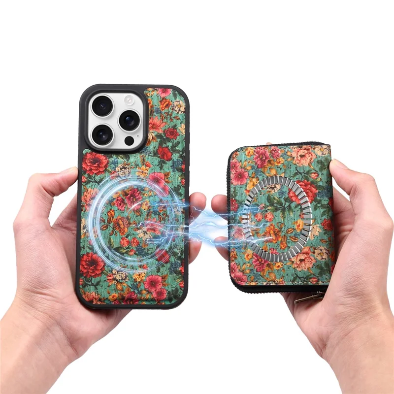 For iPhone 16 Pro Max Magnetic Case with Detachable Zipper Card Bag Flower Leather Back Cover - Blue