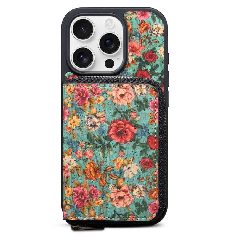For iPhone 16 Pro Max Magnetic Case with Detachable Zipper Card Bag Flower Leather Back Cover - Blue