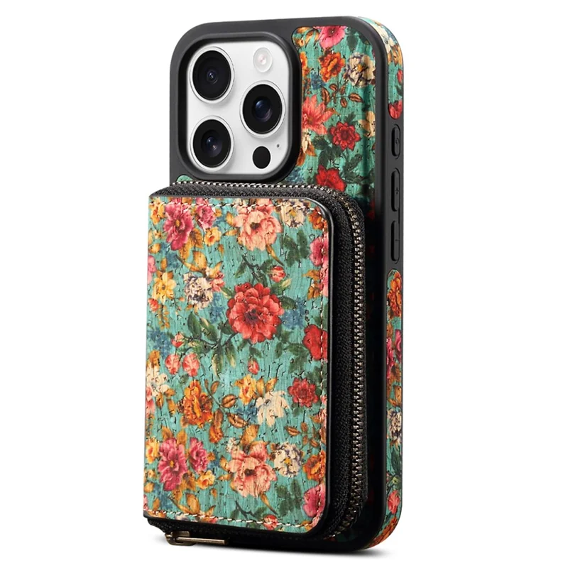 For iPhone 16 Pro Max Magnetic Case with Detachable Zipper Card Bag Flower Leather Back Cover - Blue