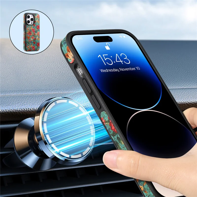 For iPhone 16 Pro Max Magnetic Case with Detachable Zipper Card Bag Flower Leather Back Cover - Blue