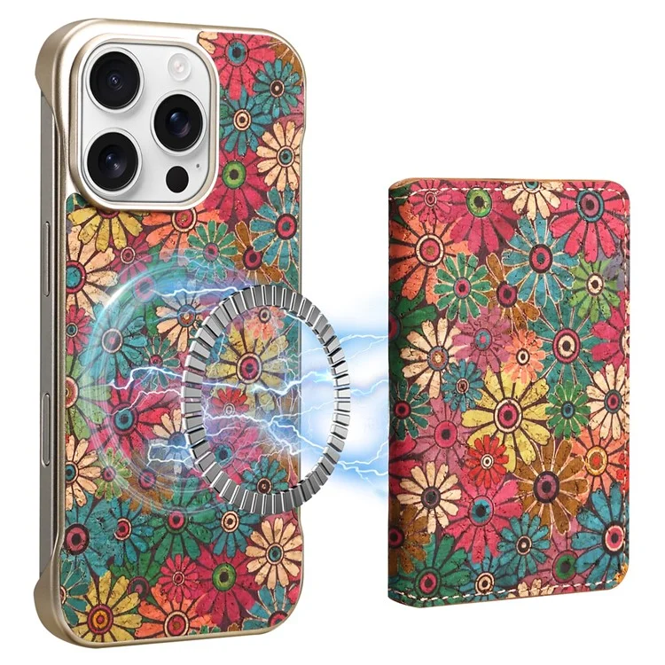 Coque magnétique compatible MagSafe pour iPhone 16 Pro Max, motif imprimé en PU + PC avec porte-cartes - Marguerite