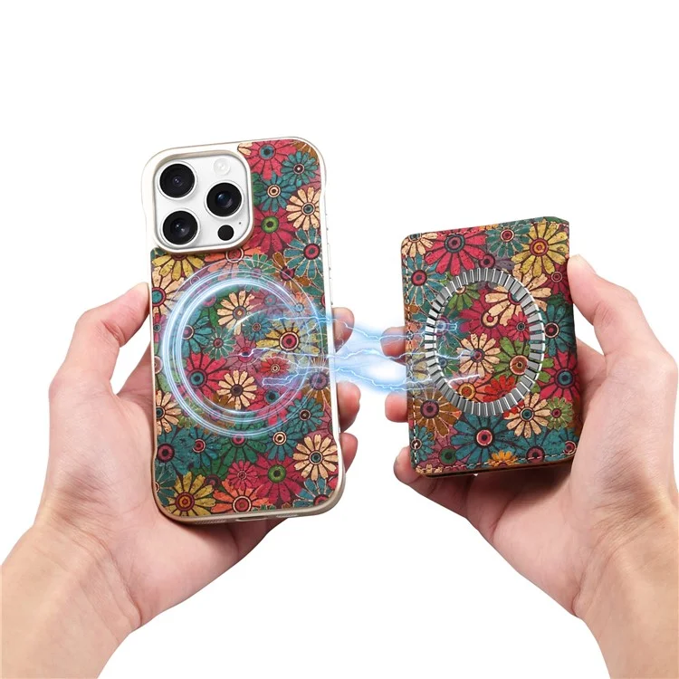 Coque magnétique compatible MagSafe pour iPhone 16 Pro Max, motif imprimé en PU + PC avec porte-cartes - Marguerite