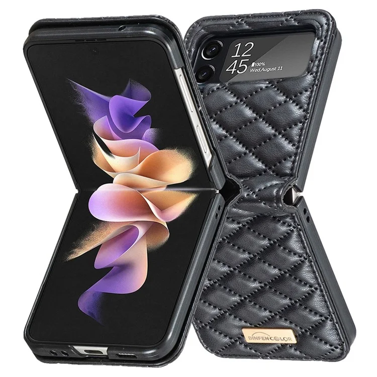 BINFEN COLOR per Samsung Galaxy Z Flip3 5G Custodia Telefonica in Pelle PU con Motivo a Rombi Stampato, Protettiva Antiurto - Nero