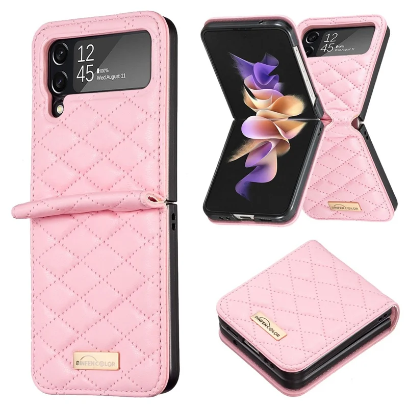 BINFEN COLOR para Samsung Galaxy Z Flip3 5G Funda Protectora de Cuero Sintético con Diseño Rombical Estampado - Rosa