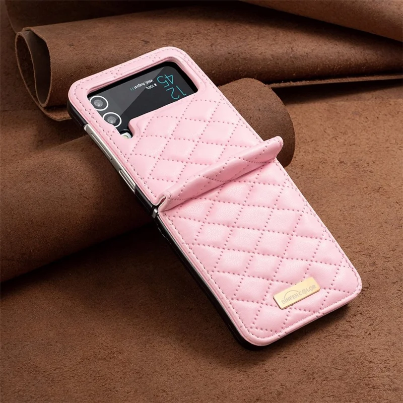 BINFEN COLOR para Samsung Galaxy Z Flip3 5G Funda Protectora de Cuero Sintético con Diseño Rombical Estampado - Rosa