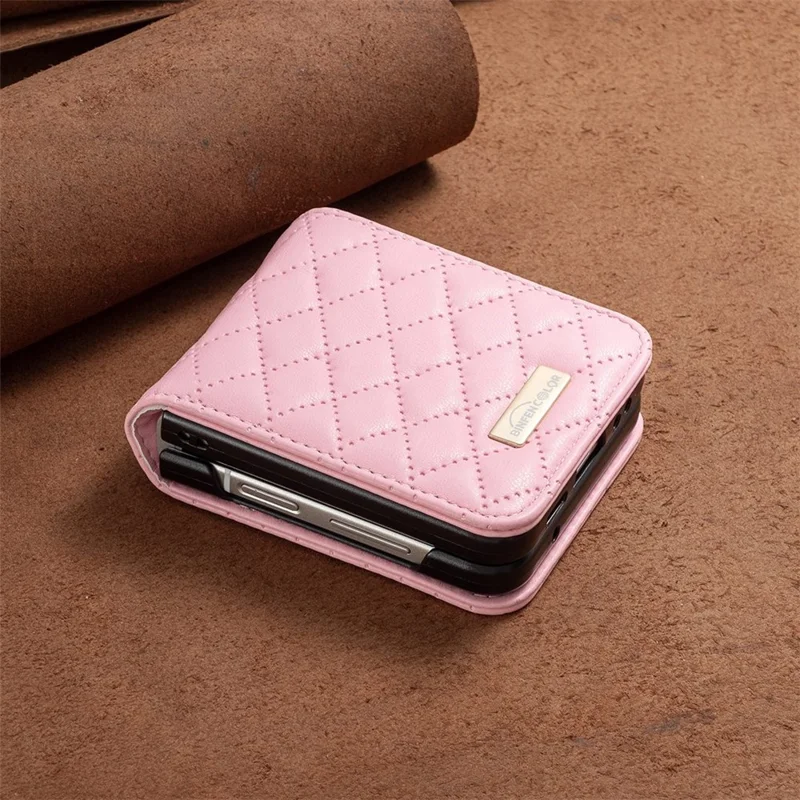 BINFEN COLOR para Samsung Galaxy Z Flip3 5G Funda Protectora de Cuero Sintético con Diseño Rombical Estampado - Rosa