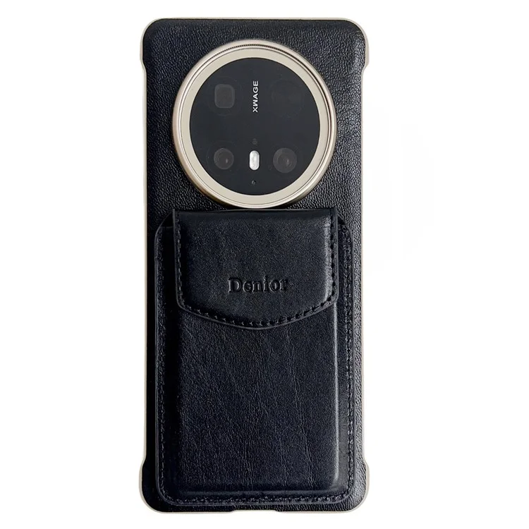 DENIOR For Huawei Mate 70 Magnetic Case Genuine Cow Leather PC Kickstand Phone Cover with Card Holder - Black