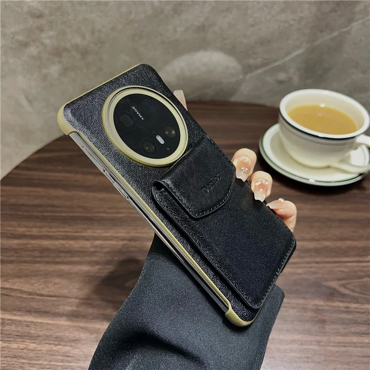 DENIOR For Huawei Mate 70 Magnetic Case Genuine Cow Leather PC Kickstand Phone Cover with Card Holder - Black