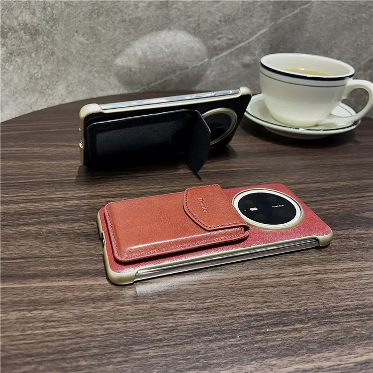 DENIOR For Huawei Mate 70 Magnetic Case Genuine Cow Leather PC Kickstand Phone Cover with Card Holder - Black