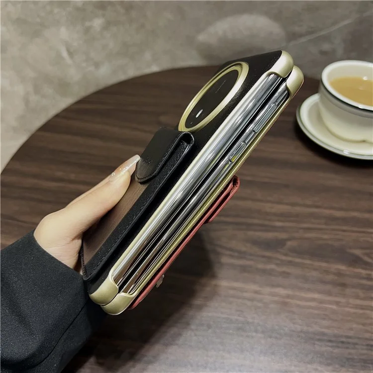 DENIOR For Huawei Mate 70 Magnetic Case Genuine Cow Leather PC Kickstand Phone Cover with Card Holder - Black