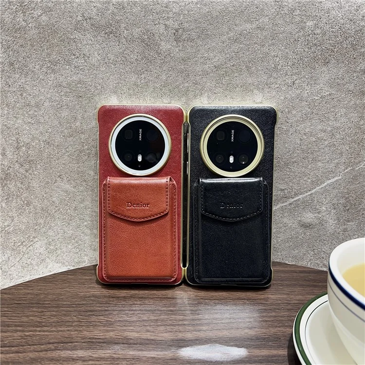 DENIOR For Huawei Mate 70 Magnetic Case Genuine Cow Leather PC Kickstand Phone Cover with Card Holder - Black