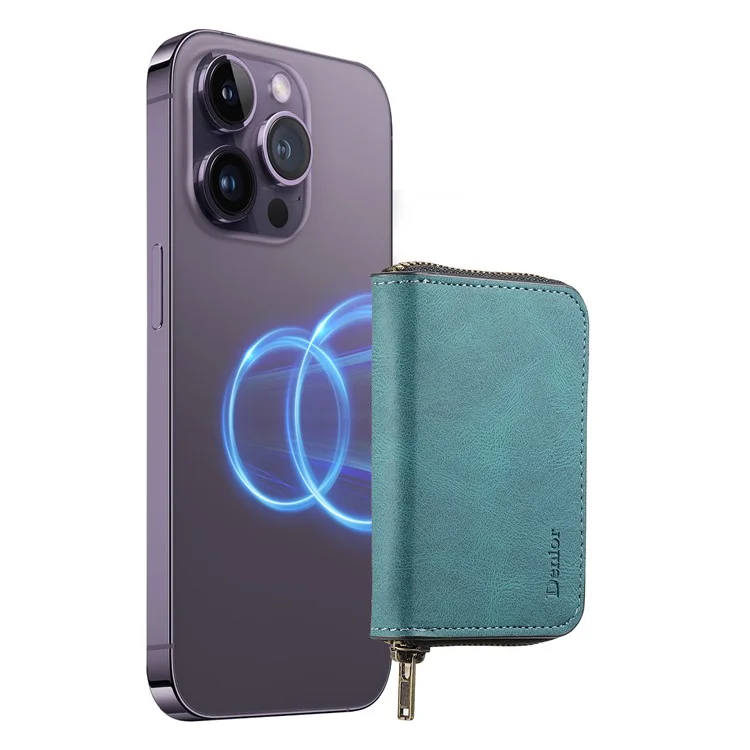 DENIOR V17 Zipper Card Case Compatible with MagSafe Skin Touch Leather Phone Card Holder Stand - Blue