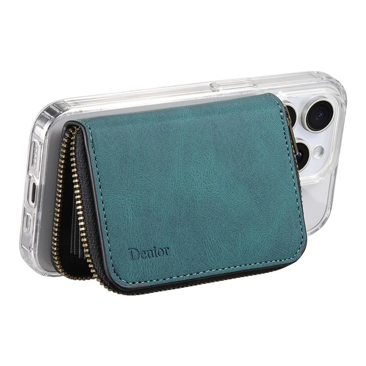 DENIOR V17 Zipper Card Case Compatible with MagSafe Skin Touch Leather Phone Card Holder Stand - Blue