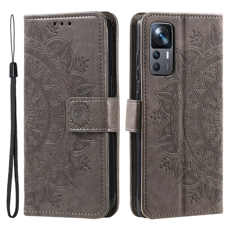 Für Xiaomi 12T 5G / 12t Pro 5G Mandala Blumenmuster Geprinter Klappständer PU Leder Hülle TPU Innenschalen Brieftasche Flip Cover Mit Ständer - Grau