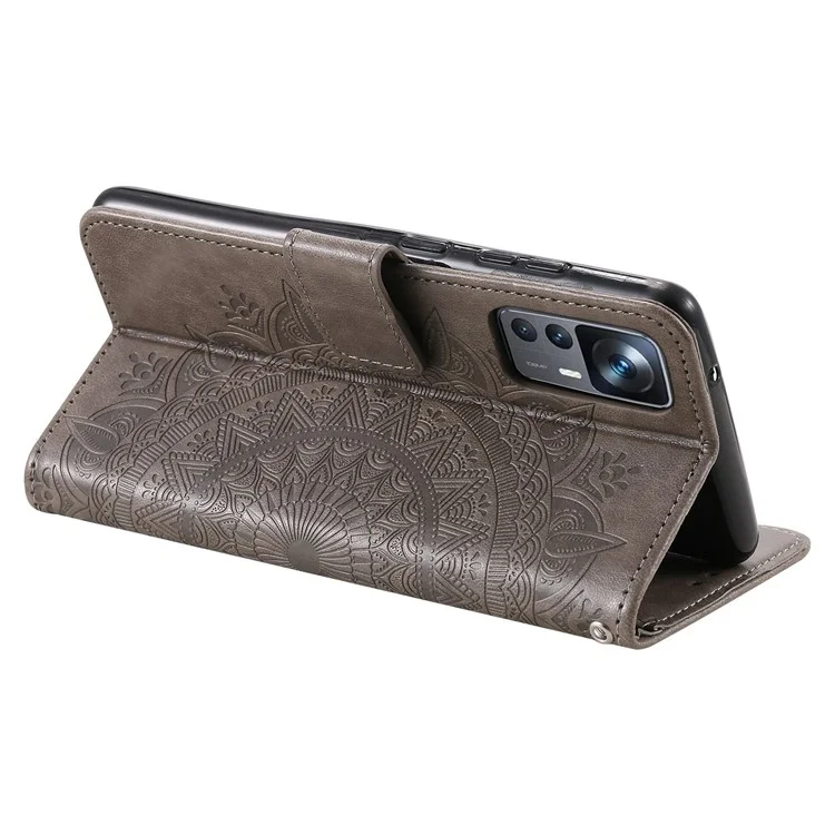 Für Xiaomi 12T 5G / 12t Pro 5G Mandala Blumenmuster Geprinter Klappständer PU Leder Hülle TPU Innenschalen Brieftasche Flip Cover Mit Ständer - Grau