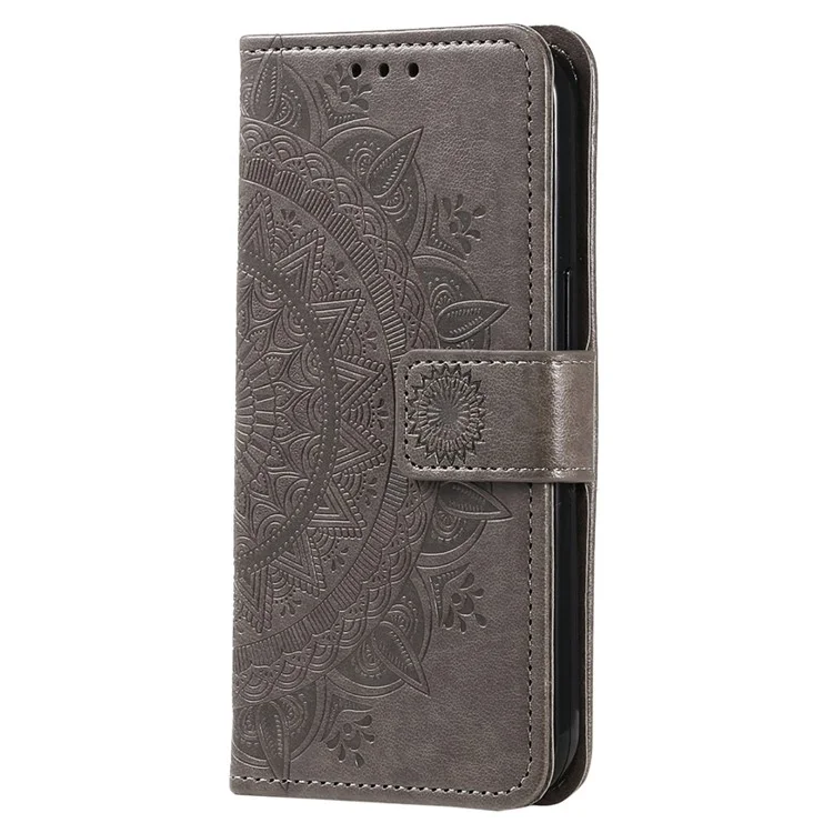 Für Xiaomi 12T 5G / 12t Pro 5G Mandala Blumenmuster Geprinter Klappständer PU Leder Hülle TPU Innenschalen Brieftasche Flip Cover Mit Ständer - Grau