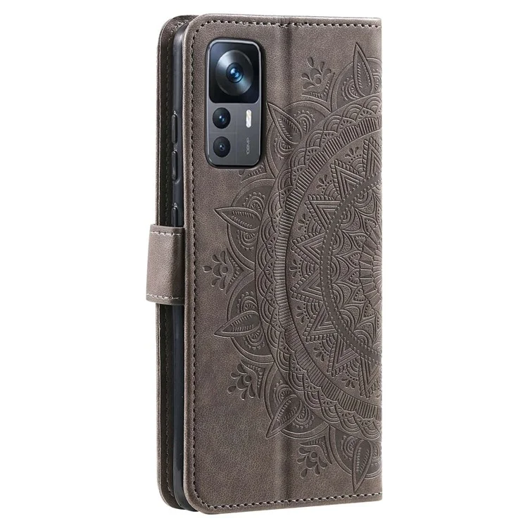 Für Xiaomi 12T 5G / 12t Pro 5G Mandala Blumenmuster Geprinter Klappständer PU Leder Hülle TPU Innenschalen Brieftasche Flip Cover Mit Ständer - Grau