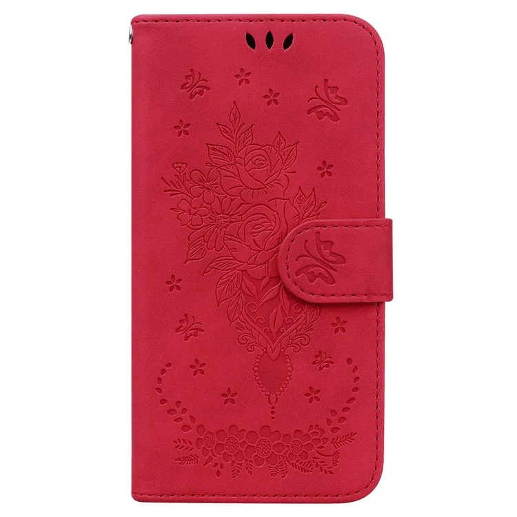 PU Leather Protective Phone Case for Motorola Edge 30 Neo 5G, Rose Butterfly Imprinted Anti-drop Cover Flip Stand Wallet Shell with Strap - Red