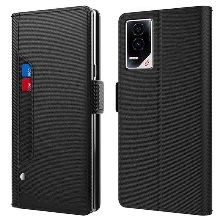 Capa protetora de couro PU para celular For Honor GT com suporte, porta-cartões e espelho - Preto