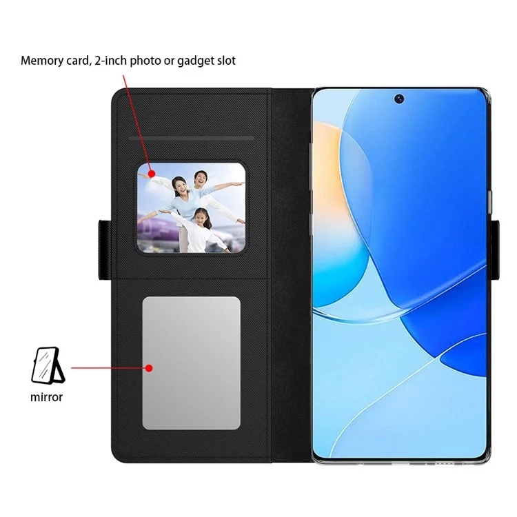 Capa protetora de couro PU para celular For Honor GT com suporte, porta-cartões e espelho - Preto