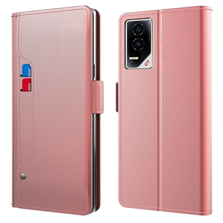 Capa de telefone com suporte de couro PU For Honor GT, porta-cartões e espelho - Dourado Rosa