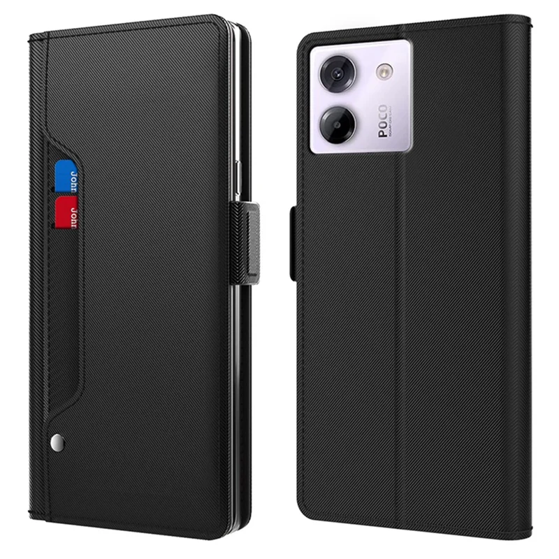 Für Xiaomi Poco M7 Pro 5G Hülle Ständer PU-Leder Handyhülle Kartenfach Spiegel - Schwarz