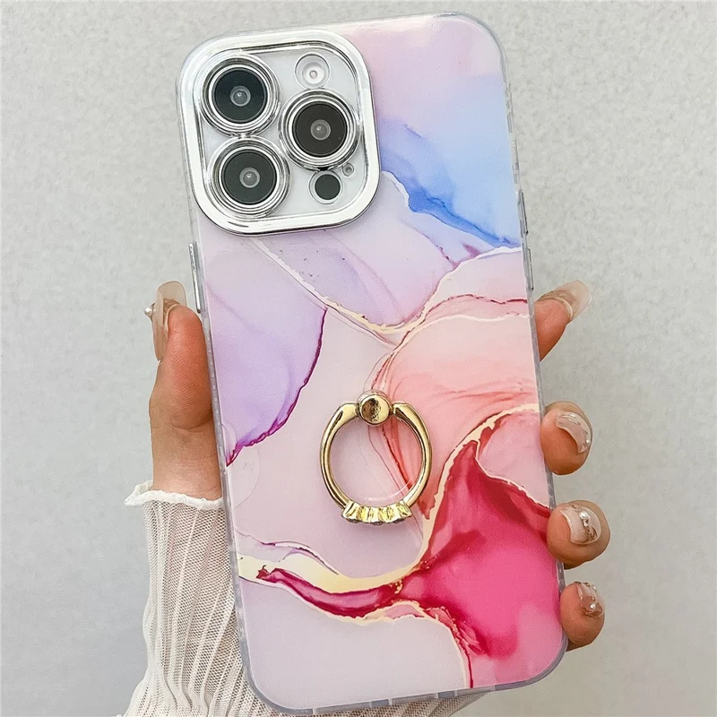 For iPhone 16 Pro Max Case with Kickstand IMD Marble Pattern Electroplated Phone Cover - S7